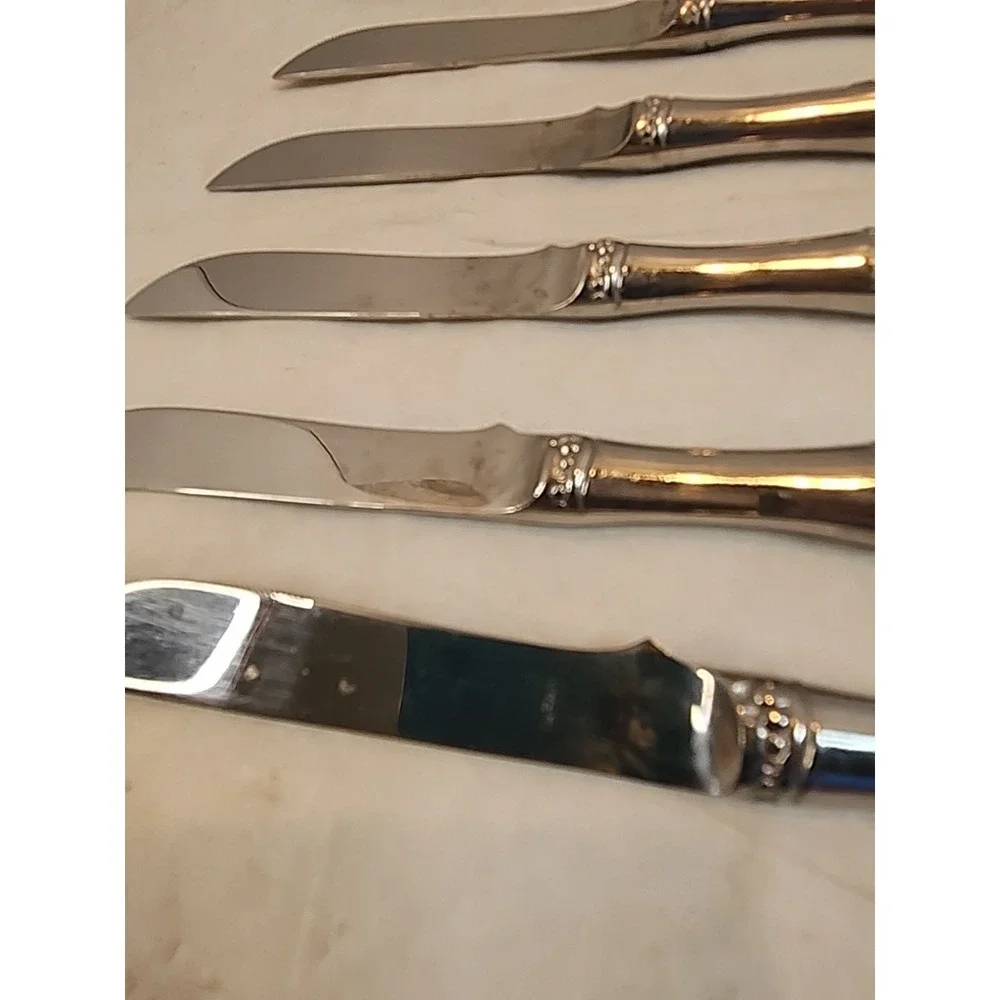 Set Of Six Vintage‎ Stainless Steel Dinner Knives with Faux Bamboo Handles